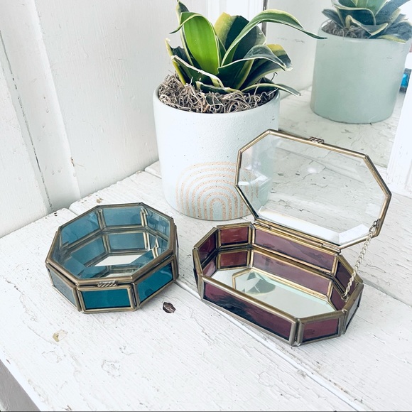 Vintage Other - Vintage Color Glass Gold Mirror Jewelry Trinket Box Set Via Vermont Teal Maroon